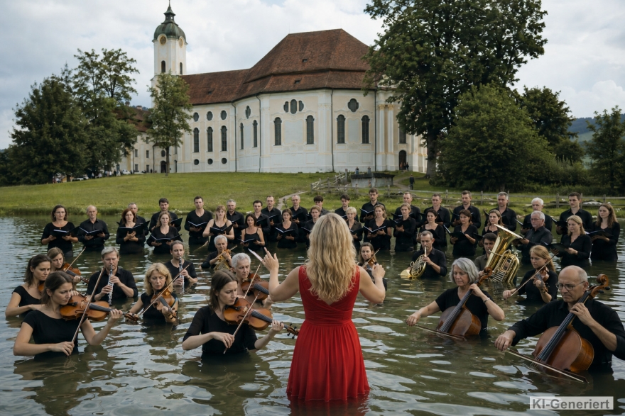 KI-generiertes Bild:
Chor und Orchester mit Dirigentin vor der Wieskirche in einem Teich Bild "Chronik 2026:Wassserwies_880px.jpg"